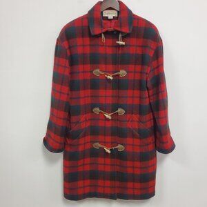 Talbots Red and Black Plaid Wool Toggle Pea Coat